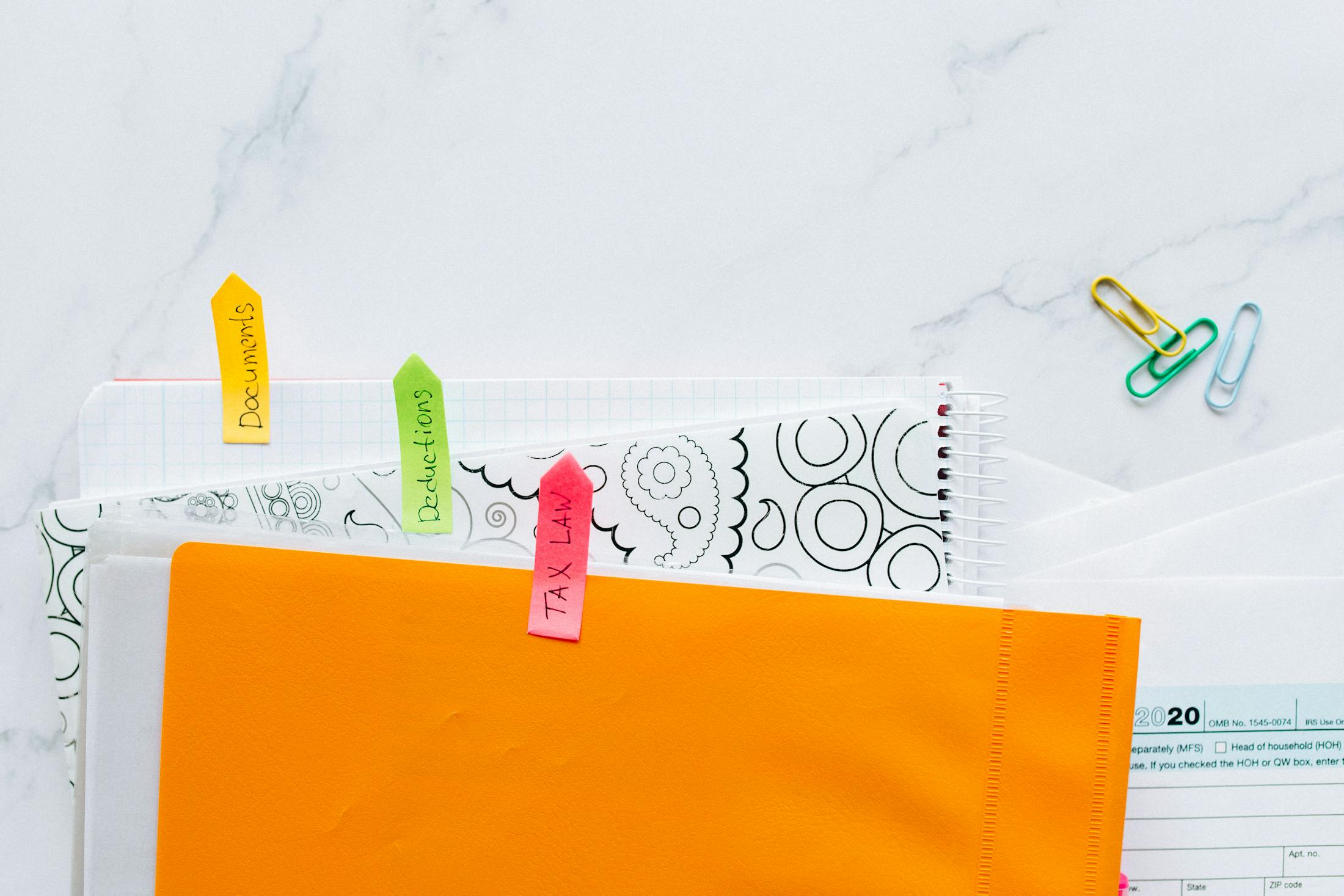 Organized tax documents and filing folders